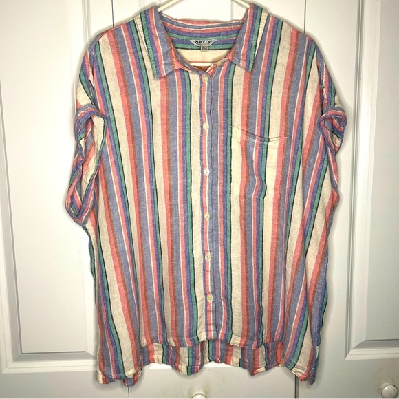 Orvis Tops - ORVIS Linen Blend Short Sleeve Button Up Size XXL 2XL Striped Multicolor Shirt